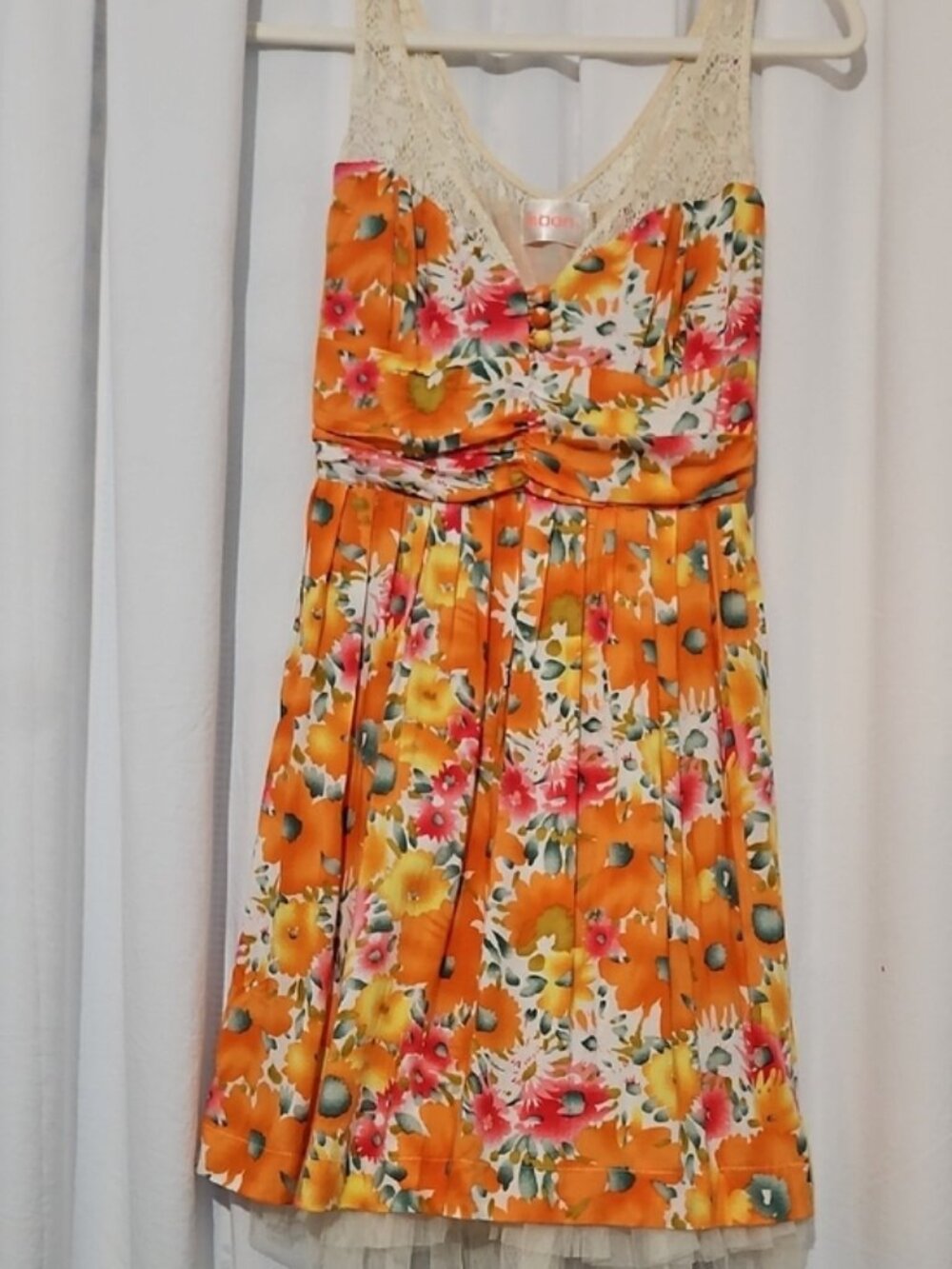 Moon Floral Orange & Yellow Lace-Trim Mini Dress - Size Medium (EUC)